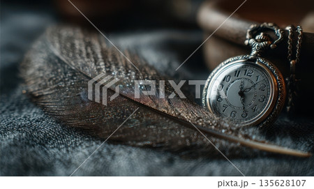 Elegant pocket watch resting beside a delicate feather on soft, dark fabric 135628107