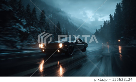 Dark muscle car racing through a snowy mountain road under a moody twilight sky Dark muscle car racing through a snowy mountain road under a moody twilight sky 135628124