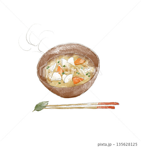 水彩で描いた温かいお味噌汁 水彩で描いた温かいお味噌汁 135628125