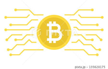 Bitcoin digital coin surrounded by blockchain network and digital transactions. Flat simple vector isolated on white background Bitcoin digital coin surrounded by blockchain network and digital transactions. Flat simple vector isolated on white background 135628175