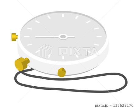 Isometric sports stopwatch with mechanical buttons and a second hand on the dial. Isolated cartoon vector on white back top view Isometric sports stopwatch with mechanical buttons and a second hand on the dial. Isolated cartoon vector on white back top view 135628176