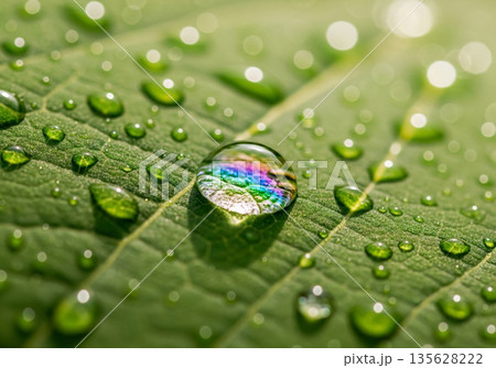 Macro Shot Iridescent Water Droplets on Green Leaf Surface with Shallow Depth of Field and Soft Bokeh Background 135628222