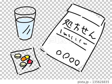 處方、藥片和一杯水的插圖 135628835