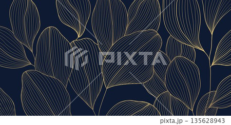 Luxury botanical pattern, abstract line leaves, floral art deco gold background. Elegant vector design, jungle foliage, organic texture, wallpaper, textile print, poster, premium decor Luxury botanical pattern, abstract line leaves, floral art deco gold background. Elegant vector design, jungle foliage, organic texture, wallpaper, textile print, poster, premium decor 135628943