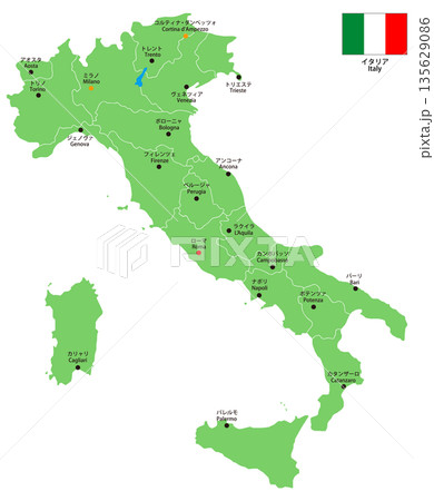 分割できるイタリア地図　ミラノ・コルティナ・ローマ強調 135629086