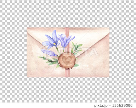 Watercolor paper envelope tied with ribbon and sealed with round wax and blue wildflowers illustration on isolated background. Vintage romantic close letter ready for sending with spring flowers. 135629096