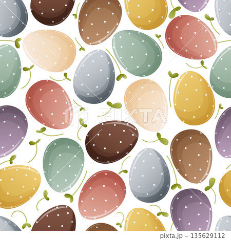 Seamless easter eggs pattern with pastel colors dots and spring decoration Seamless easter eggs pattern with pastel colors dots and spring decoration 135629112
