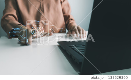 AI technology, Artificial Intelligence, Chatbot Chat and talk with AI, Using laptop for search and find data by command prompt, robot learning machine create or generate picture or article auto 135629390