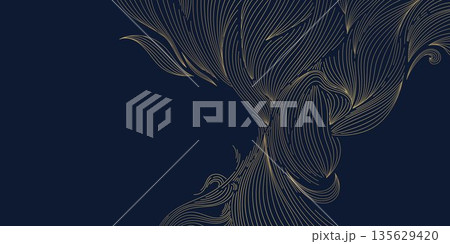 Luxury abstract wave pattern, elegant gold lines on dark background. Premium Japanese vector design, flow curves, geometric elements, wine label, packaging, wedding, posters, wallpaper. Luxury abstract wave pattern, elegant gold lines on dark background. Premium Japanese vector design, flow curves, geometric elements, wine label, packaging, wedding, posters, wallpaper. 135629420