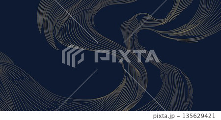 Luxury abstract wave pattern, elegant gold lines on dark background. Premium Japanese vector design, flow curves, geometric elements, wine label, packaging, wedding, posters, wallpaper. 135629421