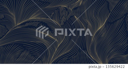 Luxury abstract wave pattern, elegant gold lines on dark background. Premium Japanese vector design, flow curves, geometric elements, wine label, packaging, wedding, posters, wallpaper. 135629422