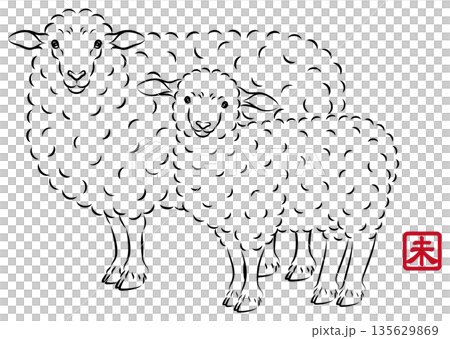 一幅描繪美麗母子羊的插圖，母子倆眼神溫柔。風格別緻的新年賀卡素材，水墨畫風格。向量圖。 135629869