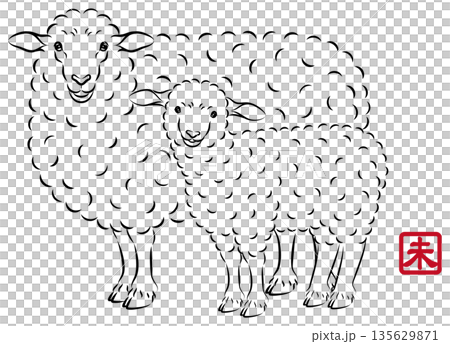 一幅描繪美麗母子羊的插圖，母子倆眼神溫柔。風格別緻的新年賀卡素材，水墨畫風格。向量圖。 135629871