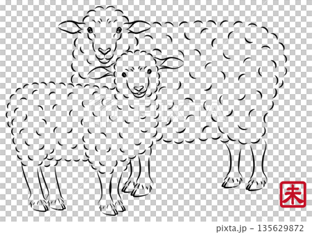 一幅描繪美麗母子羊的插圖，母子倆眼神溫柔。風格別緻的新年賀卡素材，水墨畫風格。向量圖。 135629872