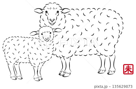 優しい目をした美しい羊の親子のイラスト 墨絵風でお洒落な未年の年賀状素材 ベクター 135629873