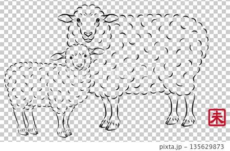 Illustration of a beautiful sheep parent and child with gentle eyes. Stylish New Year's card material in sumi-e style. Vector Illustration of a beautiful sheep parent and child with gentle eyes. Stylish New Year's card material in sumi-e style. Vector 135629873