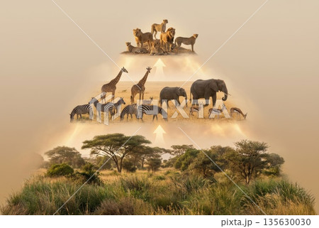 Wildlife pyramid illustration featuring lions, giraffes, elephants, zebras, and antelopes in savanna landscape 135630030