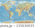 World map showing tectonic plates and fault lines with geographical features and oceanic regions 135630035