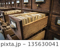 Wooden filing cabinet with open drawer displaying organized index cards and labels for reference 135630041