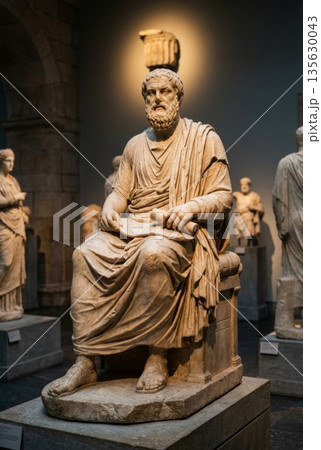 Ancient marble statue of philosopher seated in museum with other sculptures in background 135630043