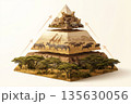 3D illustration of wildlife pyramid showcasing lions, giraffes, zebras, and savanna landscape 135630056