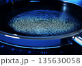 Close-up of fingerprint on glass surface with blue lighting and digital interface background 135630058