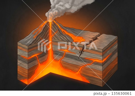 Volcanic eruption illustration showing lava flow and geological layers with smoke and ash 135630061