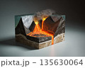 3D illustration of erupting volcano with lava flow and smoke against dark background 135630064