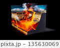 3D illustration of volcanic eruption showing lava flow and geological layers in dramatic detail 135630069