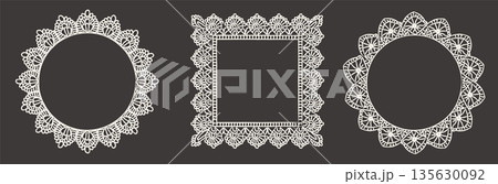 Hand drawn lace paper frames with round and square shapes, delicate floral details and crochet style edges. Romantic vintage borders for wedding invitations, valentine cards and stationery. Vector. Hand drawn lace paper frames with round and square shapes, delicate floral details and crochet style edges. Romantic vintage borders for wedding invitations, valentine cards and stationery. Vector. 135630092
