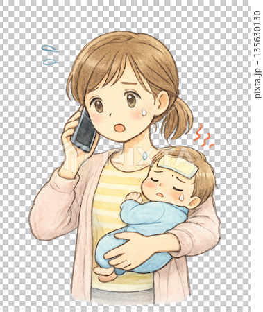 病気の赤ん坊を抱いて救急電話対応する母親のミニマルイラスト 135630130