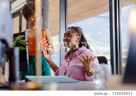 In office, businesswoman discussing project with colleague, expressing frustration 135630651