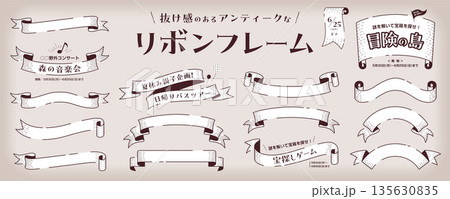ビンテージなリボンのフレーム素材セット（タイトル、見出し、枠）／レトロ 135630835