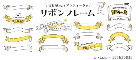 ビンテージなリボンのフレーム素材セット（タイトル、見出し、枠）／黄色 135630836