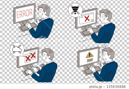 Illustration set of businessmen having trouble with system errors and communication problems Illustration set of businessmen having trouble with system errors and communication problems 135630886