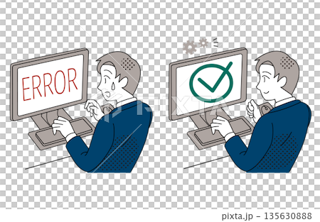 Illustration of a businessman contrasting system error and solution Illustration of a businessman contrasting system error and solution 135630888