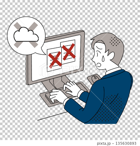 Illustration of a businessman who is unable to use documents due to a cloud outage 135630893