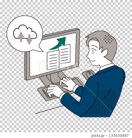 クラウド同期が順調に進み快適に作業するビジネスマンのイラスト クラウド同期が順調に進み快適に作業するビジネスマンのイラスト 135630897