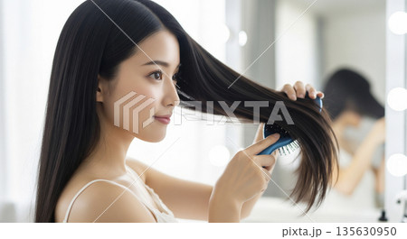 鏡の前で長い黒髪をブラシで梳かす美しい日本人女性の横顔 鏡の前で長い黒髪をブラシで梳かす美しい日本人女性の横顔 135630950