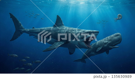 恐竜たちの群れ 壮大な大自然の川辺 3DCGイラスト リアル 古生物 135630989