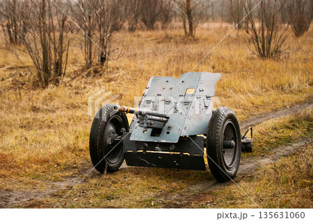 German Anti-tank Gun In Field. German Anti-tank Gun That Fired A 3.7 Cm Calibre Shell. It Was Main Anti-tank Weapon Of Wehrmacht Infantry Units Until Mid-1941 135631060