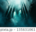 Realistic depiction of a devastated nuclear reactor core, with molten uranium rods glowing an intense blue-green 135631061