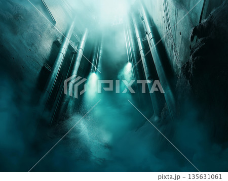 Realistic depiction of a devastated nuclear reactor core, with molten uranium rods glowing an intense blue-green Realistic depiction of a devastated nuclear reactor core, with molten uranium rods glowing an intense blue-green 135631061