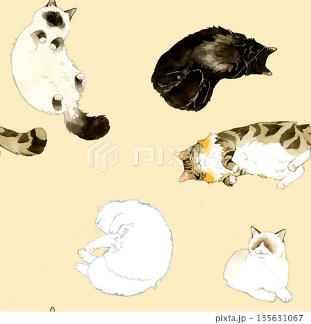 寝ている・リラックスしている長毛猫のシームレスパターン 動物・ペットの手描き水彩イラスト背景素材 寝ている・リラックスしている長毛猫のシームレスパターン 動物・ペットの手描き水彩イラスト背景素材 135631067