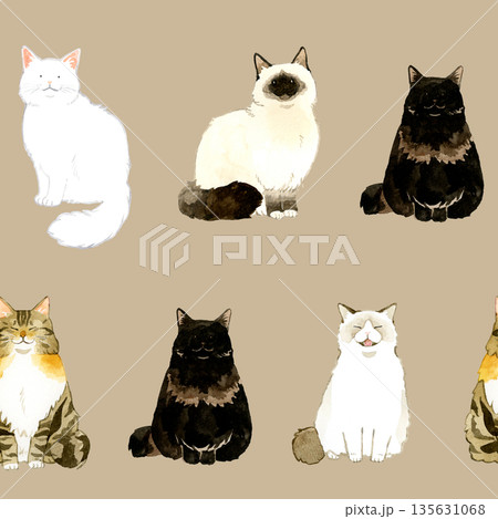 座る長毛猫のシームレスパターン　動物・ペットの手描き水彩イラスト背景素材 135631068