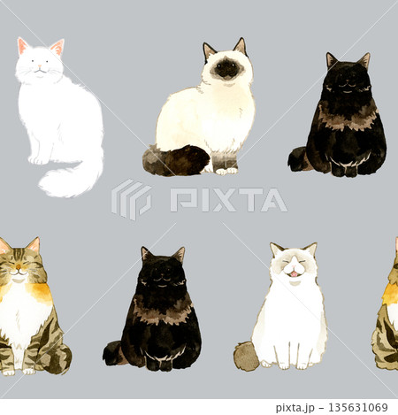 座る長毛猫のシームレスパターン 動物・ペットの手描き水彩イラスト背景素材 座る長毛猫のシームレスパターン 動物・ペットの手描き水彩イラスト背景素材 135631069