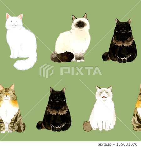 座る長毛猫のシームレスパターン　動物・ペットの手描き水彩イラスト背景素材 135631070
