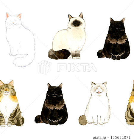 座る長毛猫のシームレスパターン 動物・ペットの手描き水彩イラスト背景素材 座る長毛猫のシームレスパターン 動物・ペットの手描き水彩イラスト背景素材 135631071