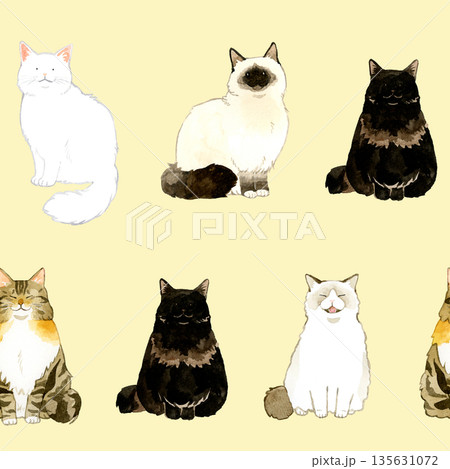座る長毛猫のシームレスパターン　動物・ペットの手描き水彩イラスト背景素材 135631072