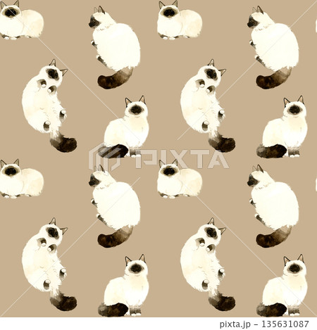 ポイントカラーの長毛猫のシームレスパターン 動物・ペットの手描き水彩イラスト背景素材 ポイントカラーの長毛猫のシームレスパターン 動物・ペットの手描き水彩イラスト背景素材 135631087